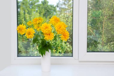 Pencerenin üzerinde beyaz bir vazoda sarı Heliopsis çiçek bir buket.