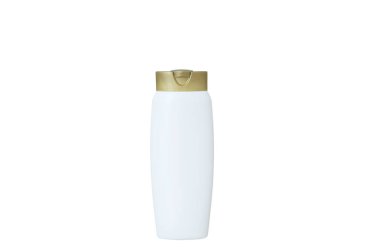 Sarı kapaklı beyaz plastik şişe. Beyaz izole.