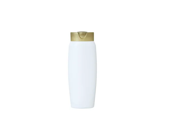 Frasco Plástico Branco Com Tampa Amarela Isolado Branco — Fotografia de Stock