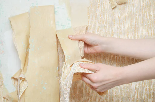 Ellerini kızın. Duvar kağıdı duvardan kaldırır. Yakın çekim.