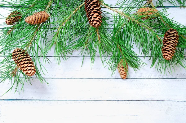 Albero Natale Con Coni Sfondo Legno Bianco — Foto Stock