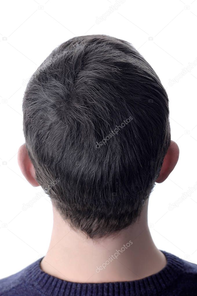 Men's hair after using cosmetic powder for hair thickening. White isolate.