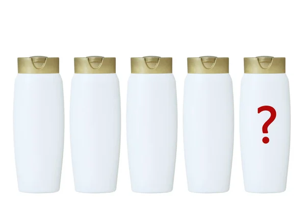 Белые Пластиковые Бутылки Шампуня Волос Желтой Кепкой Белая Изоляция Знак — стоковое фото