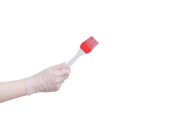 Silicone Brush Smearing Baking Your Hand Close White Isolate — Stock Photo, Image