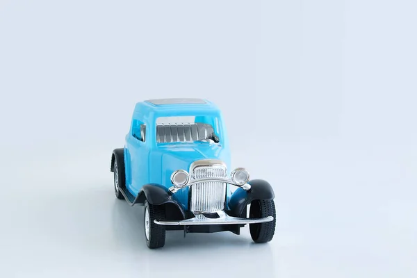 Children Blue Plastic Retro Car White Background Close — Stock Photo, Image