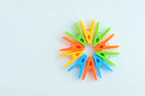 Multi Colored Plastic Clothespins Lined Shape Circle White Background — Stock Photo, Image