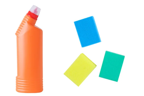 Бытовые Химикаты Оранжевой Бутылке Губке Белая Изоляция — стоковое фото