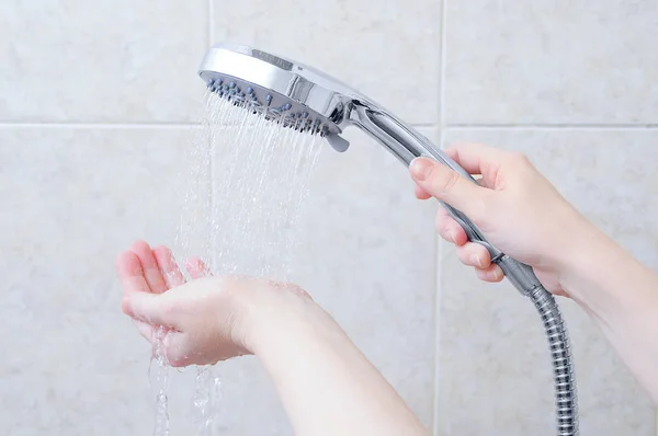 Caucasian Girl Holding Shower Watering Can Jets Water Hand Background — Stock Photo, Image