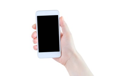 Beyaz bir akıllı telefon bir beyaz kız elinde siyah ekran. Close.