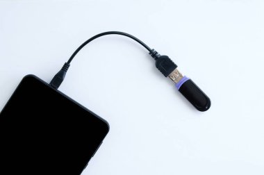 Dijital veri aktarımı. Kablo akıllı telefona ve Usb flash sürücüye bağlıdır. Beyaz arka plan.