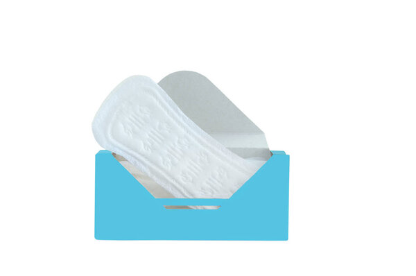 Womens daily sanitary pads in the box. White isolate