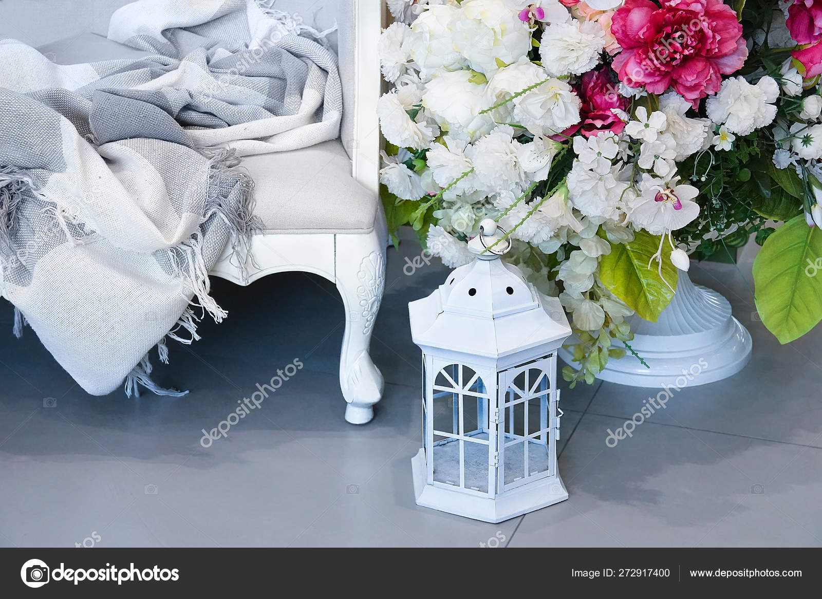 Interior Room White Sofa Blanket Flowers Vase White Lantern Candle Stock Photo Iulal 272917400