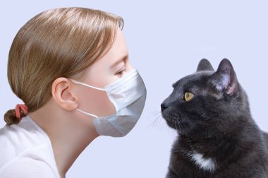 Hayvanlara alerjisi var. Bir kağıt tıbbi koruyucu maske ve gri kedi beyaz kız. Birbirlerine bakıyorlar..