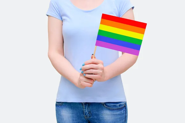 Caucasian Girl Blue Shirt Jeans Flag Lgtb Close — Stock Photo, Image