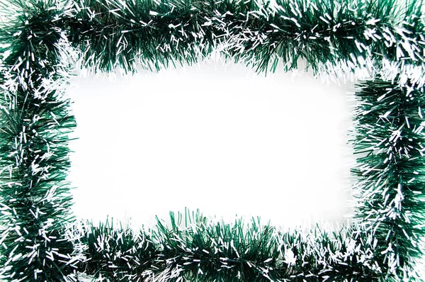 Christmas Green Tinsel Frame White Background — Stock Photo, Image