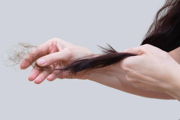 Hair Loss Close Woman Brown Hairs Her Hand Gray Background — Stock Photo, Image