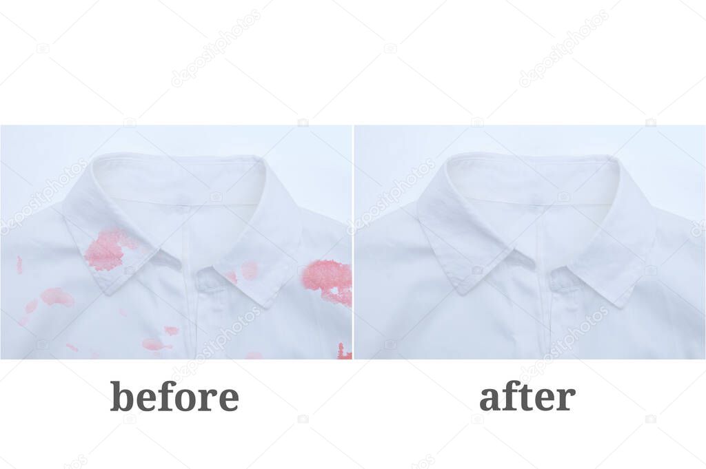 White women's shirt with a collar close-up on a white background with red spots of mud.. Before and after.