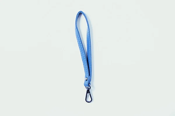 Blue Metallic Leather Strap Carabiner White Background — Stock Photo, Image