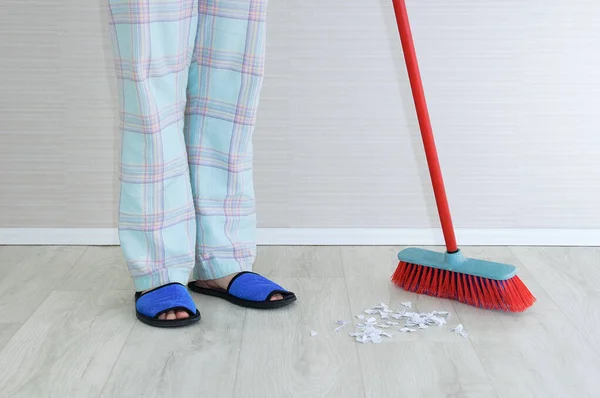 Caucasian Woman Housewife Sweeping Floor Brush — Stock Photo, Image