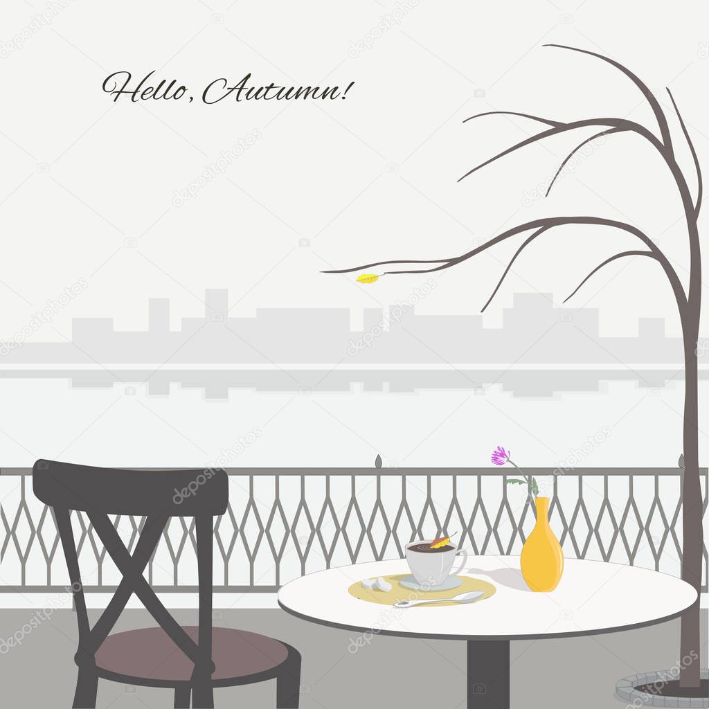 Autumn scene with cafe table on the embankment. Vector illustration.
