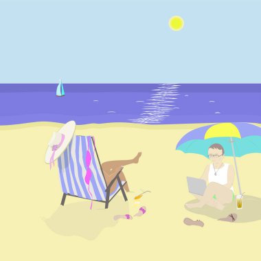 Dizüstü bilgisayar ve güneşlenmek alarak eşi ile sahilde programcı. Vektör çizim.