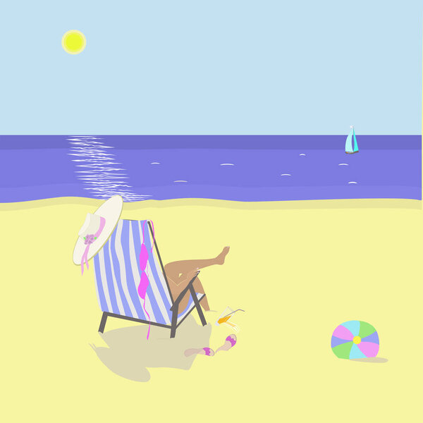 Сцена на пляже. Женщина отдыхает в шезлонге. Векторная иллюстрация
