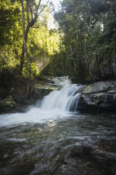 Küçük şelale güzel orman, Mae Klang Luang içinde buldum. Chiang Mai, Tayland. Güneş parlıyor ve bitki örtüsü.