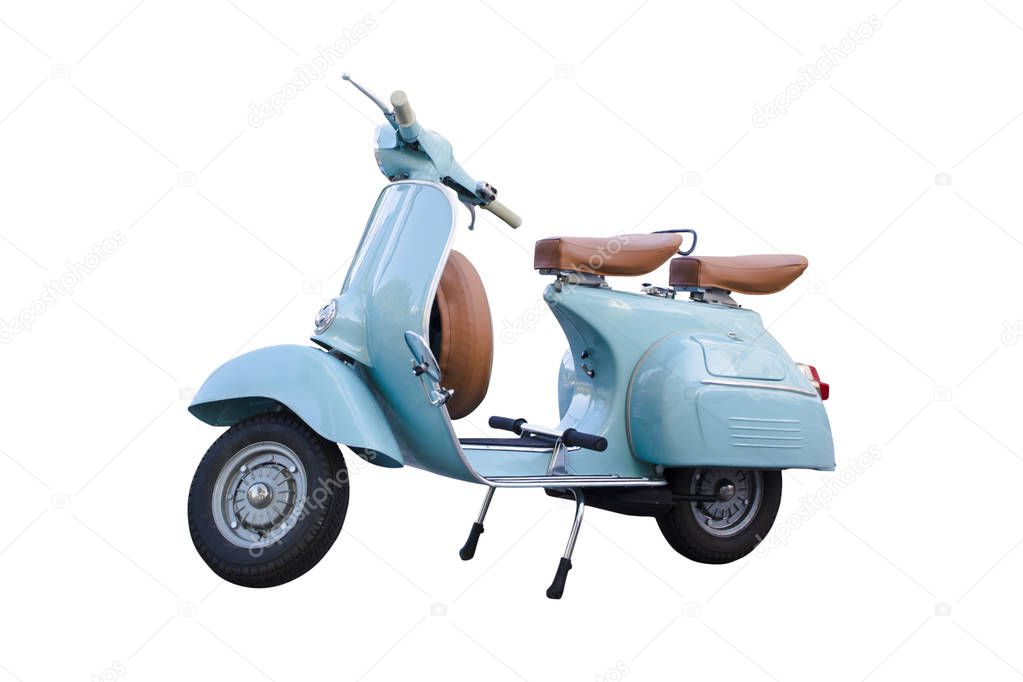 Light blue vintage motorcycle scooter isolated in white background. Adorable old scooter in perfect condition.