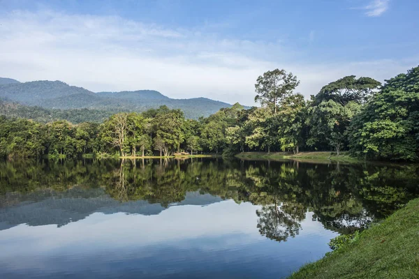 Ang Kaew Rezervuar gölü, uzakta ağaçlar ve dağ ile çevrili pastoral doğal manzara. — Stok fotoğraf