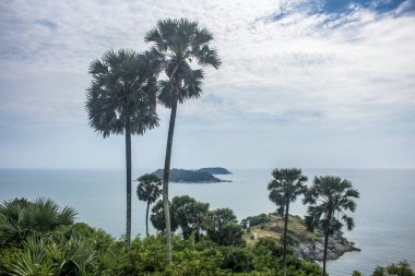 Bulutlu bir gün boyunca uzakta Andaman Denizi ve adalar ile Promthep Cape Palmiye ağaçları. In Phuket, Tayland