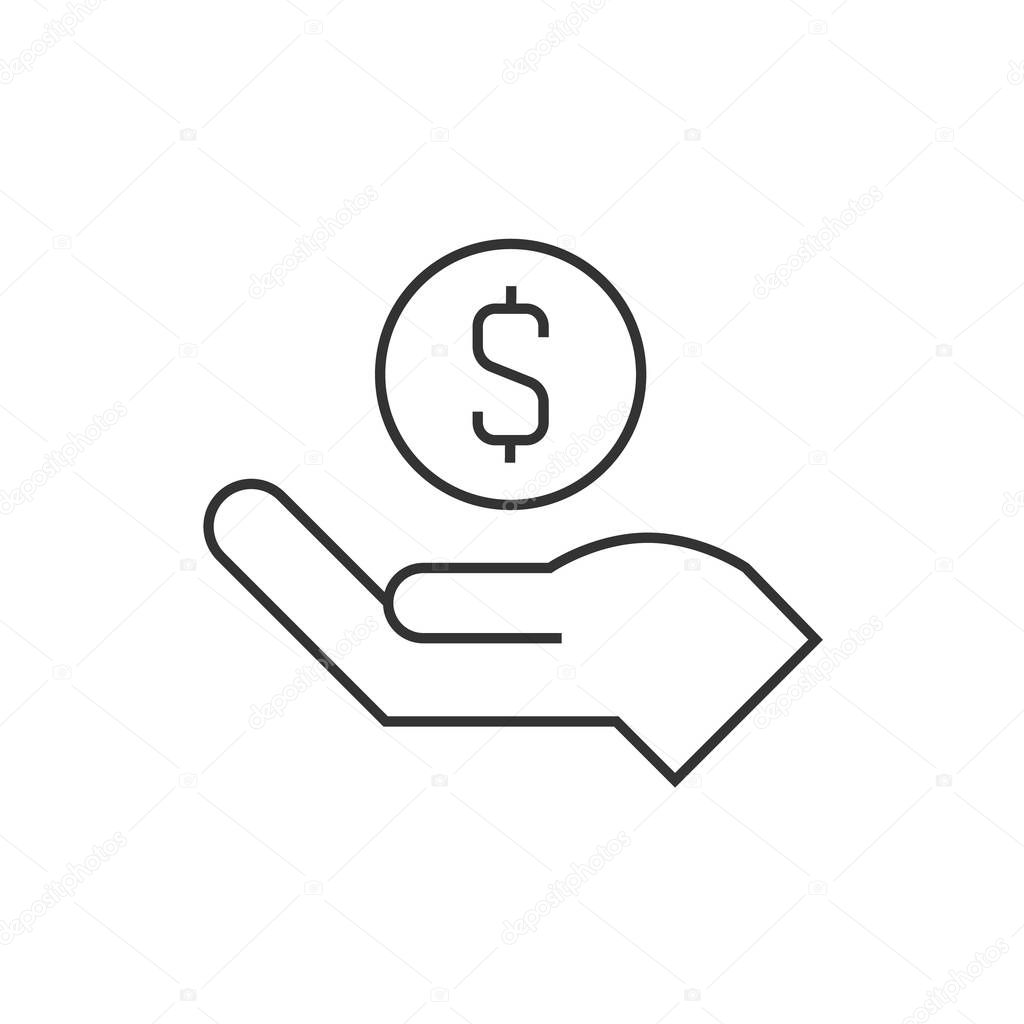 Hand accepts donation outline icon on white background