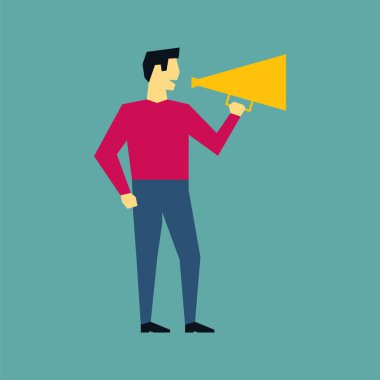 İşadamı megafonla bağırıyor. Megafonla duyuruyor. Vektör çizimi