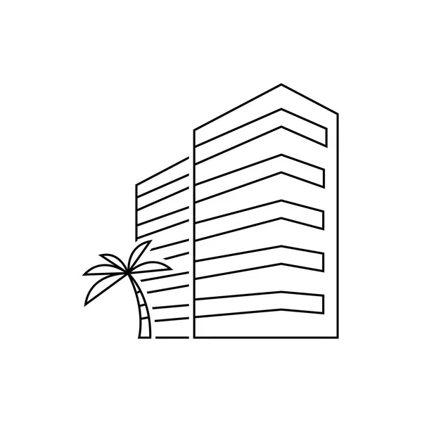 Edificio del hotel con ilustración de contorno de palmera — Vector de stock