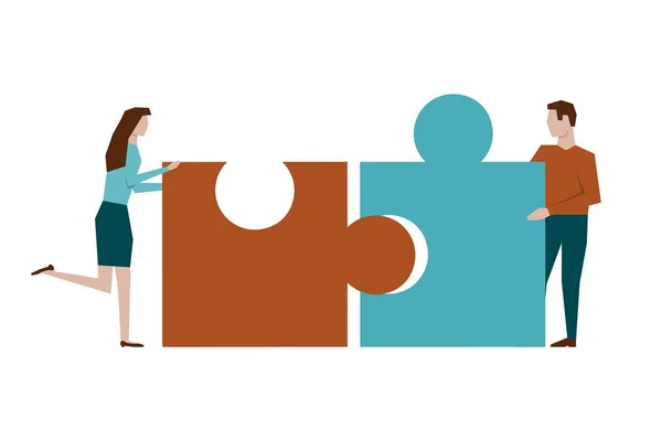 Man and woman assemble the puzzle on white background — Stock Vector