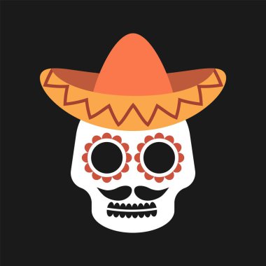 Meksika şeker kafatası koyu arkaplanda sombrero