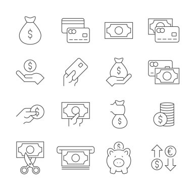 Para doğrusal simgeleri beyaz arkaplanda ayarlandı. Para kavramı