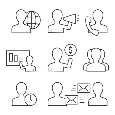 Beyaz vuruşta avatar doğrusal simgeleri kullanan iş adamları