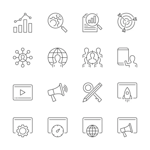 Iconos de línea de optimización de motores de búsqueda establecidos sobre fondo blanco — Vector de stock