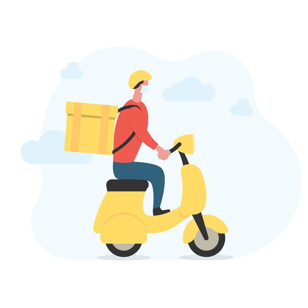 Delivery man in face mask on motorcycle