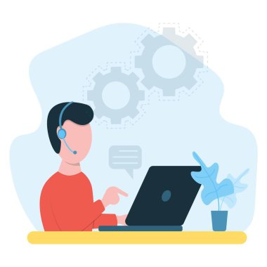 Kulaklıklı adam evden çalışıyor. Merkez ofis kavramı