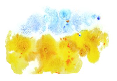 Mavi ve beyaz zemin üzerine sarı bulanık sulu boya lekesi. Suluboya boya, el ile çizim.