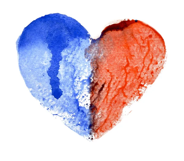stock image Watercolor heart half blue and half red, white background, isolate.
