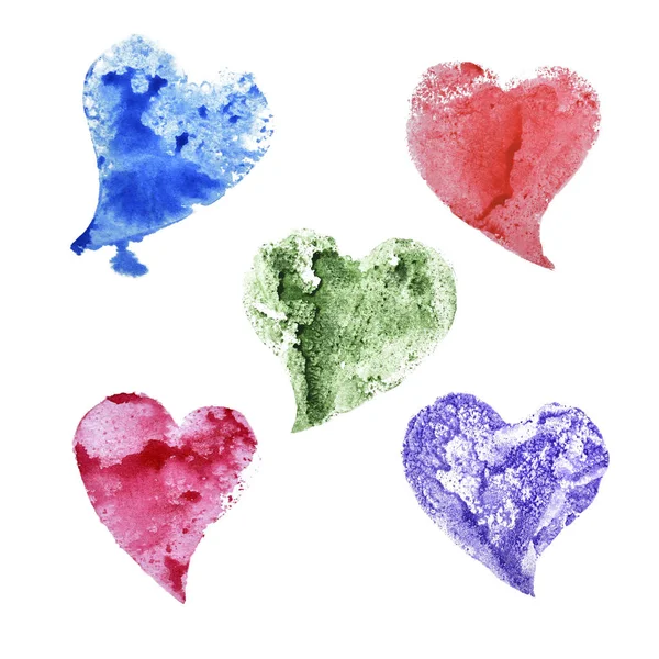 Uppsättning Hjärtan Ritning Akvarell Röd Rosa Blå Violett Grönt Hjärta — Stockfoto