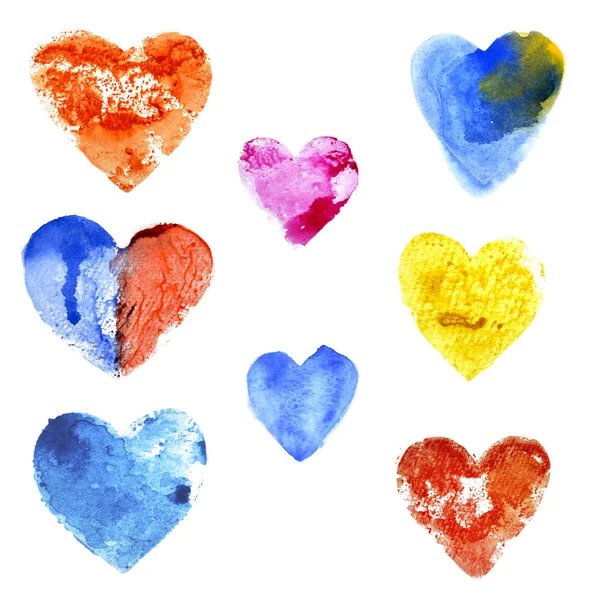 Uppsättning Hjärtan Olika Färger Målade Med Akvareller Vit Bakgrund — Stockfoto