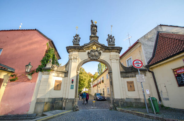 Prague, Czech Republic - 05 august, 2019: The gate enter to Strahov Monastery ( Strahovsky klaster ) - a home of one of the most beautiful library in the world 