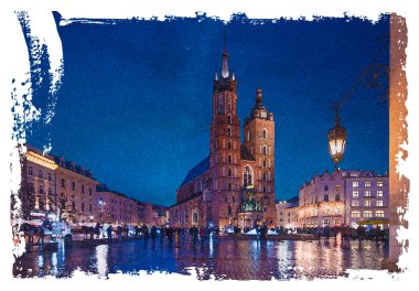 St. Mary Bazilikası (Mariacki Kilisesi) ve beyaz vagonlar yıldızların altındaki Krakow Eski Kasabası 'nda geceleyin Ana Pazar Meydanı' nda aydınlandı. Suluboya stilinde resim