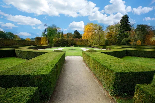 The Castle Gardens in Cesky Krumlov, Czech Republic with blue sky at autumn. Hedge labyrinth. A park and  maze from Perfect bushes and trees