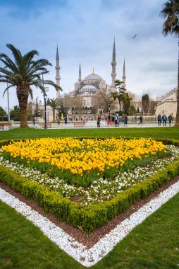 İstanbul, Türkiye - 01 Mayıs 2019: Mavi Cami, sabahın erken saatlerinde. Sultanahmet Camii Camii 'nin Panorama' sı Türkiye 'de Osmanlı mimarisinin ünlü İslami anıtı olan altı minareyle.