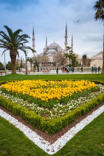 İstanbul, Türkiye - 01 Mayıs 2019: Mavi Cami, sabahın erken saatlerinde. Sultanahmet Camii Camii 'nin Panorama' sı Türkiye 'de Osmanlı mimarisinin ünlü İslami anıtı olan altı minareyle.