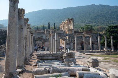 Efes, Selcuk İzmir, Türkiye - 15 Ekim 2019: Efes antik kenti. UNESCO Dünya Mirası alanı Ionia kıyısında antik bir Roma binasıdır. Türkiye 'de en çok ziyaret edilen antik kent